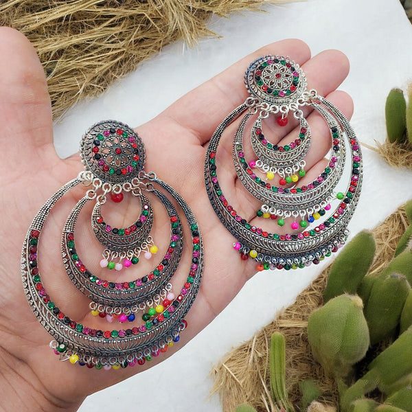 Silver Plated Oxidized Multi-Colored Pearl Heavy Earrings for Women and Girls