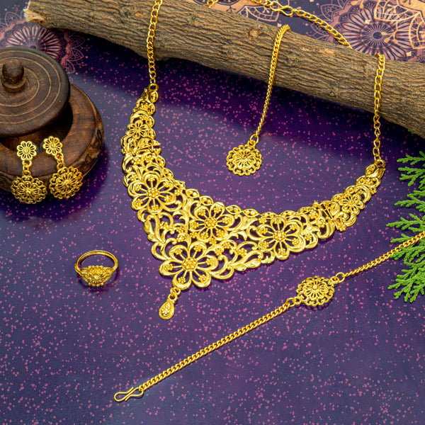 Designer and Trendy Gold Plated Brass Necklace Set For Women and Girls Along With Earrings, Mangtika, Ring and Bracelet