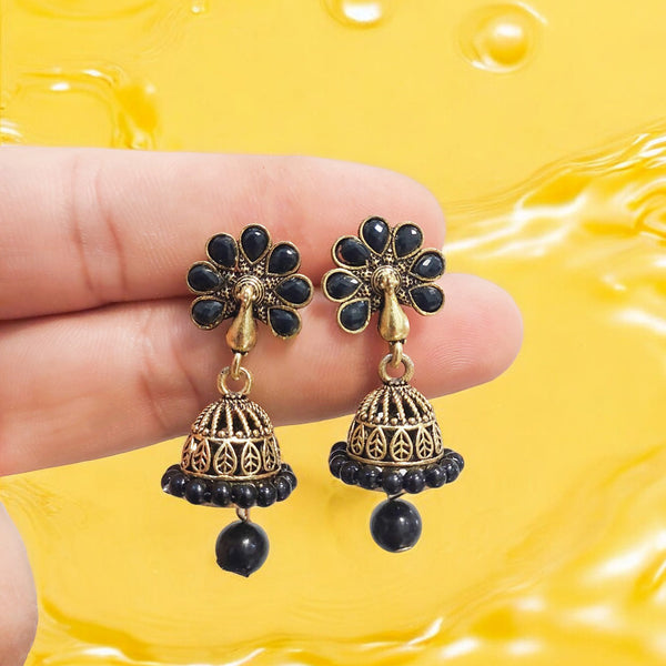 Daily Wear Oxidized Plated Black Stone Studs Jhumki Earrings for Women and Girls