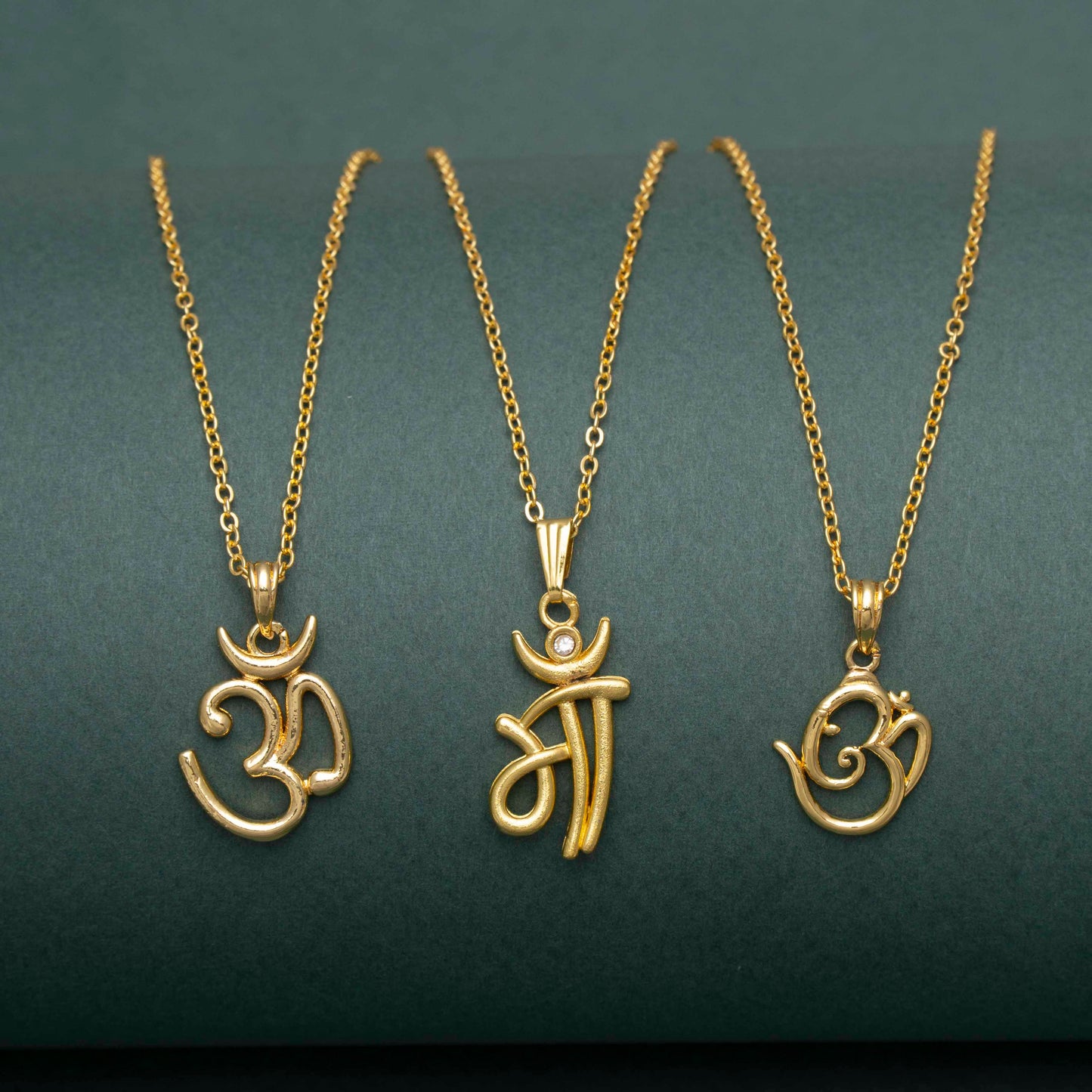 Om and Maa Shape Golden Zircon Pendant with Link Chain For Girls Women and Men | With Certificate of Authenticity Pack Of 3