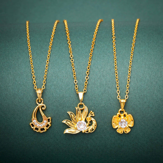 Peacock and Flower Shape Solitaire Gold Plated Necklace Chain For Girls and Women