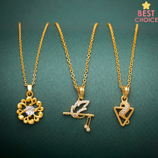 Bansuri and Round Shape Solitaire Gold Plated Necklace Chain For Women and Girls Pack of 3