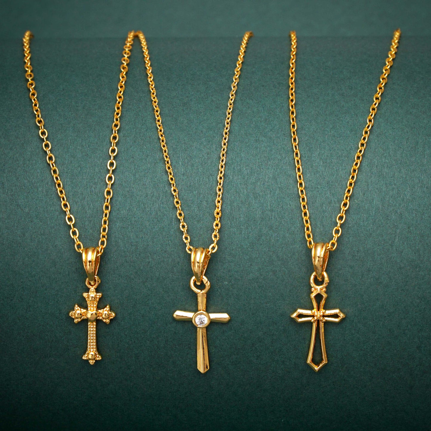 Set of 3 Cross Shape Jesus Gold Plated Necklace Chains for Girls and Men