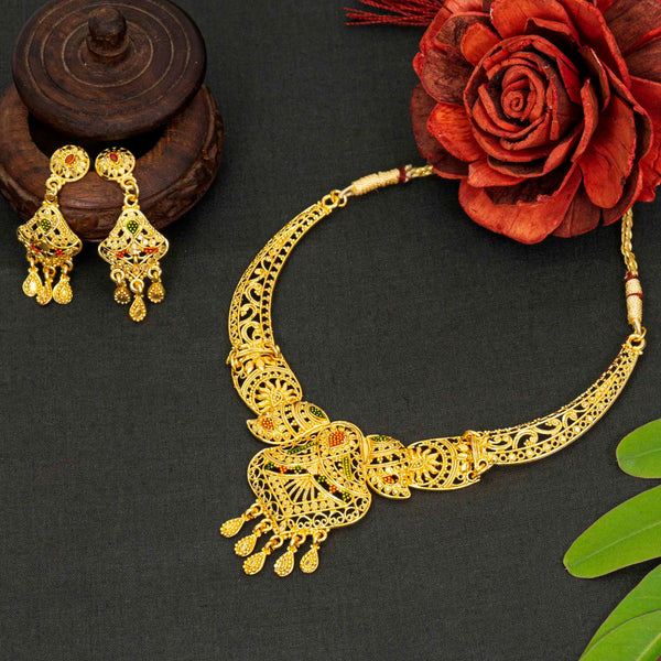 Traditional Brass Gold Plated Necklace Set For Women and Girls With Earrings