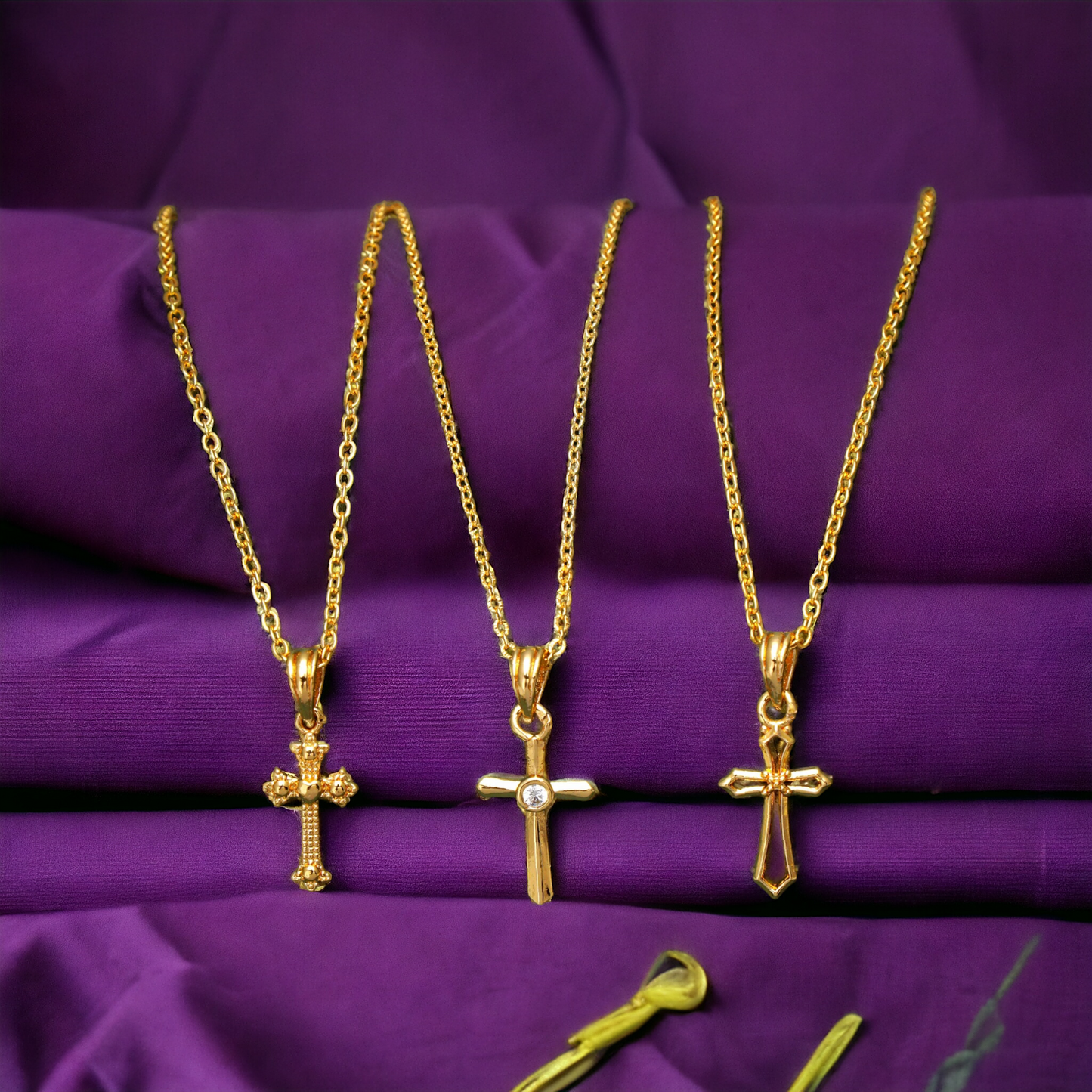 Set of 3 Cross Shape Jesus Gold Plated Necklace Chains for Girls and Men