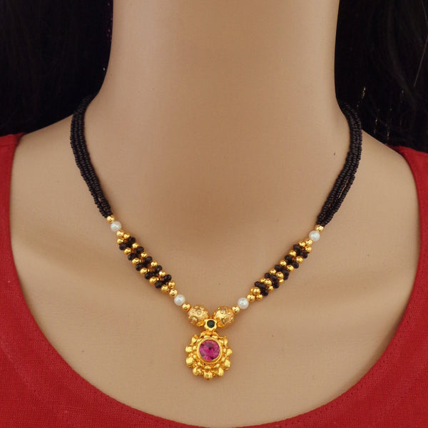 Handmade Designer Brass Mangalsutra with Black and Golden Beads